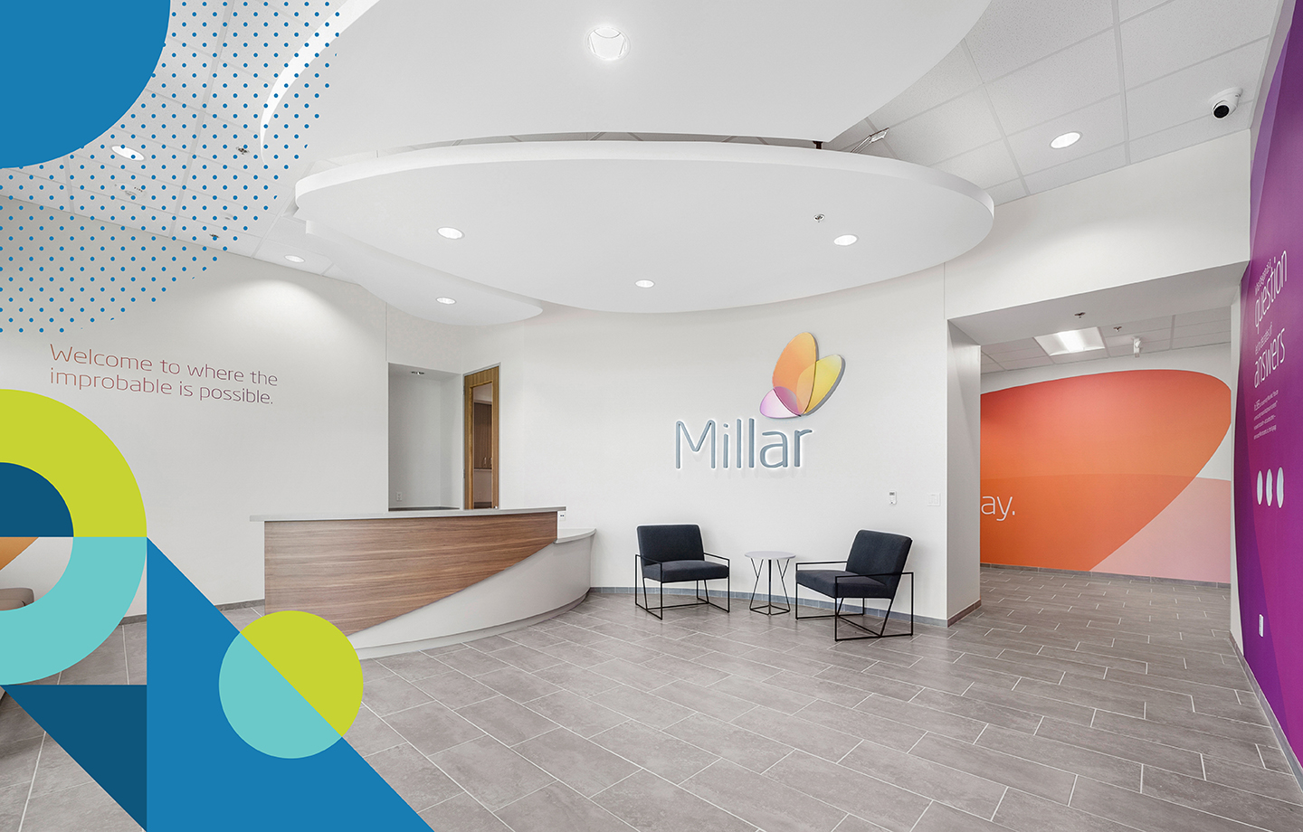 A photograph of Millar's office lobby with BE-branded shapes adorning the border