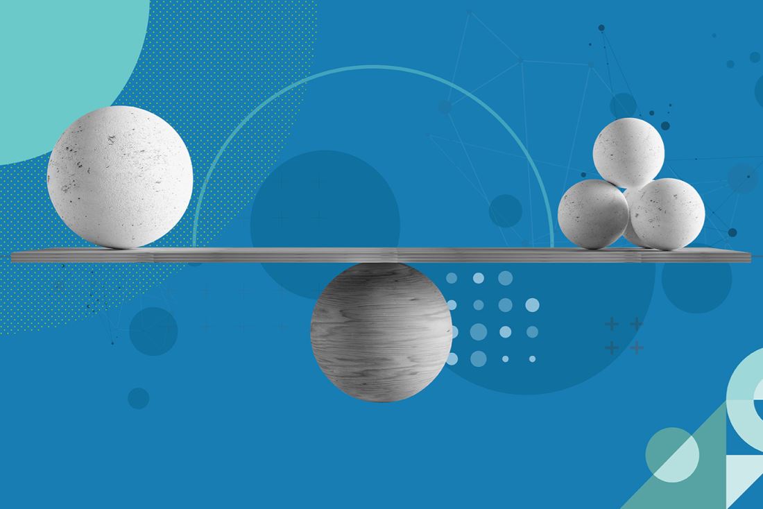 Black and white stock image of spheres on a balance beam, on a blue BE-branded background