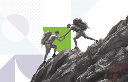 Photograph of a pair of hikers helping each other up a mountain with BrandExtract graphics in the background centering on the hikers.