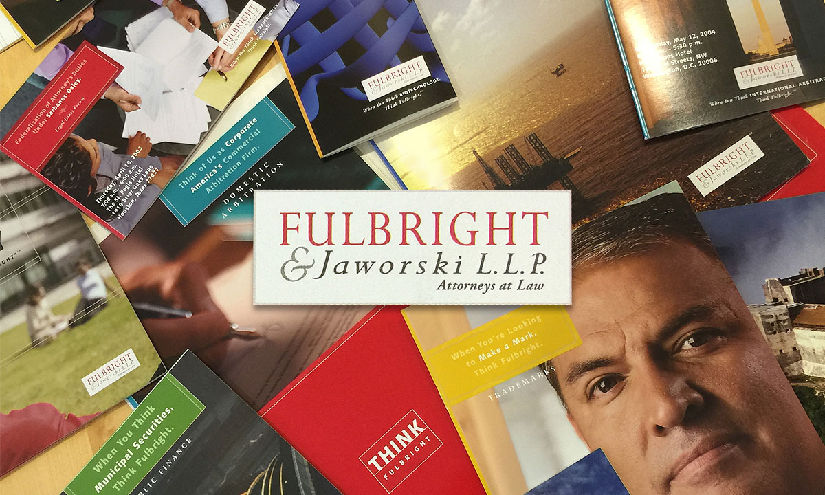 A banner for FullBright & Jaworski L.L.P. Banner featuring books.