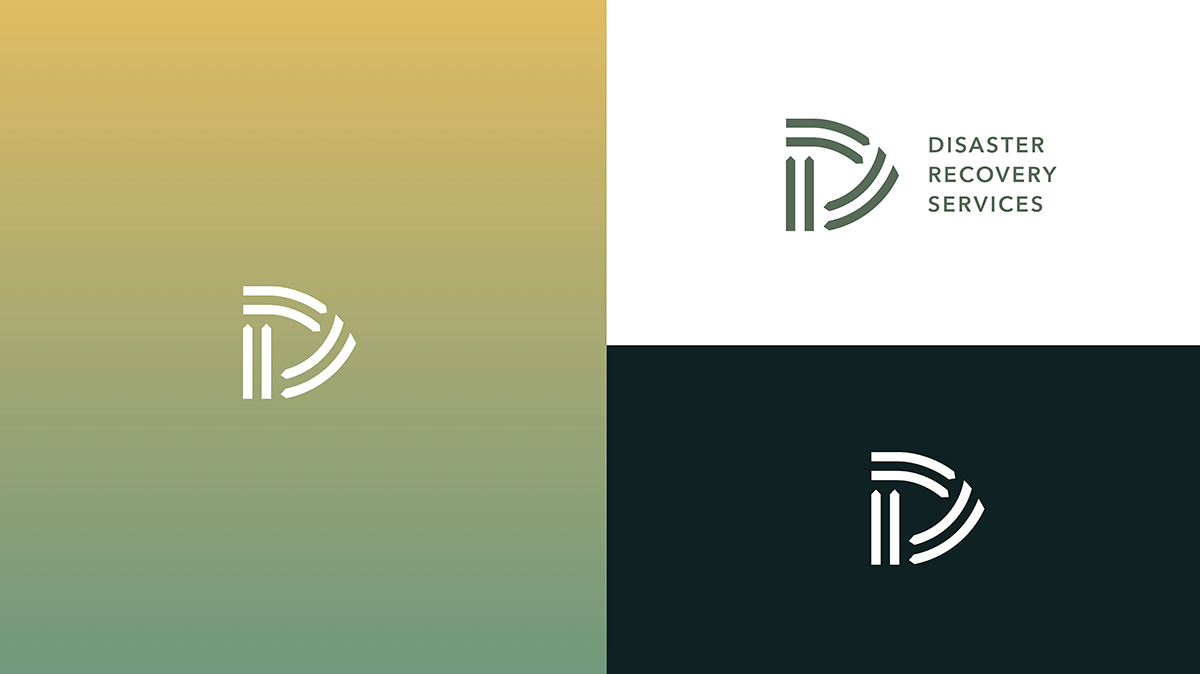 Three different versions of the DRS logo against different colored backgrounds.