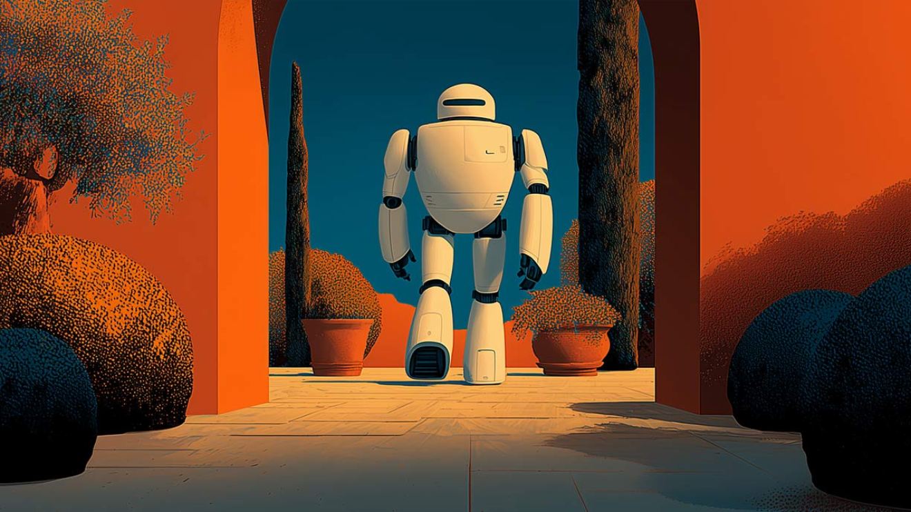 A robot walking through an a alleyway