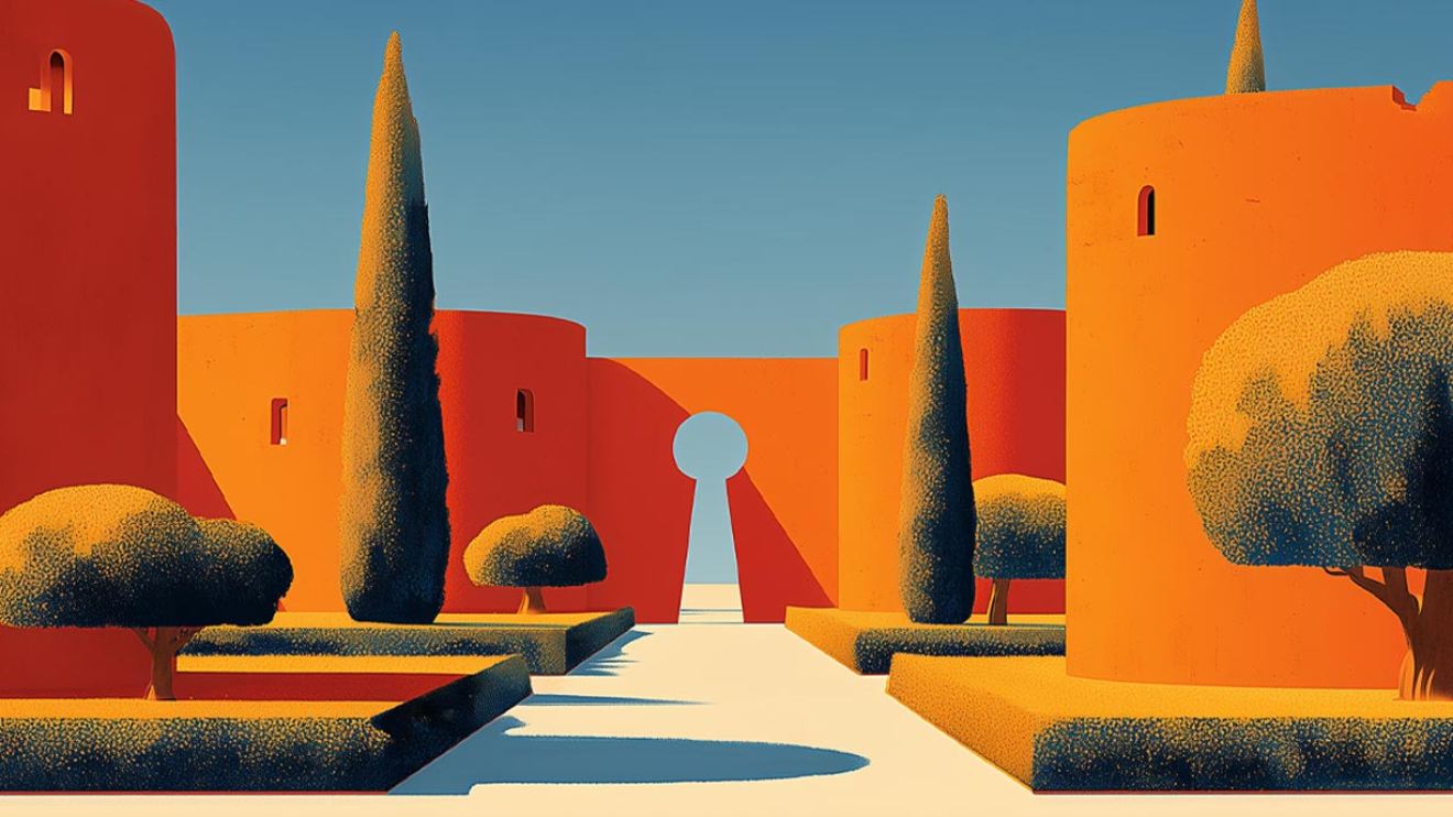 Buildings coming together forming a keyhole archway