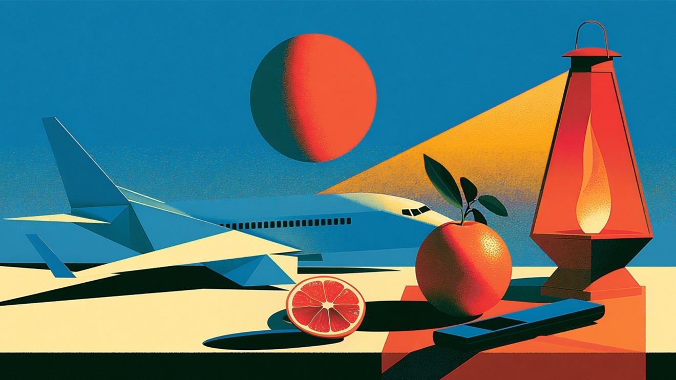 Angular mid-century-style still life with a paper-plane-like jet, sliced orange, and a burning match