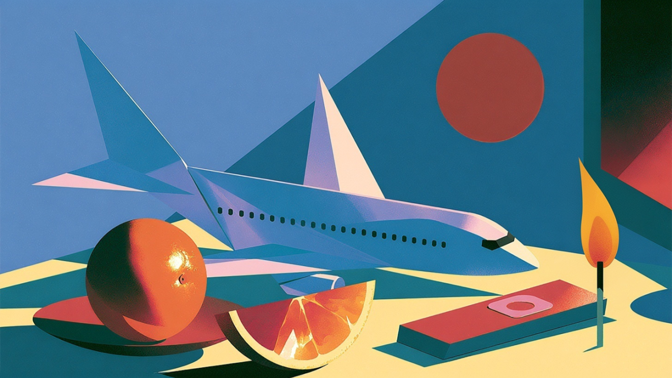 Angular mid-century-style still life with a paper-plane-like jet, sliced orange, and a burning match