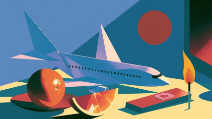 Angular mid-century-style still life with a paper-plane-like jet, sliced orange, and a burning match