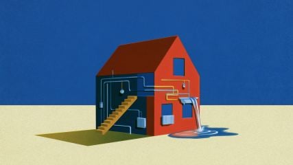 Illustration of a red house cut away on one side to show its insides: pipes, wiring, a staircase, a radiator and a hanging light. A yellow gas line and a meter run along the outside wall, and water pours from a spout on the side into a puddle on the ground. The house sits on a pale yellow plane against a deep blue sky.