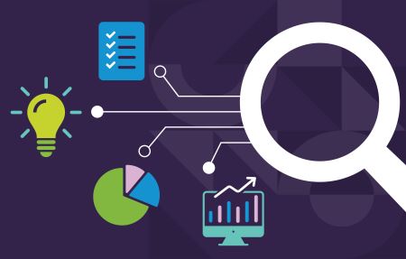 icon of a large white magnifying glass connected to icons representing analytics, statistics, a checklist and a lightbulb