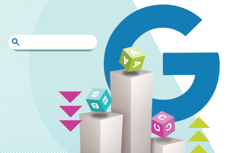 A graphic showing dice rising up and down on pedestals representing revealed search metrics from Google's API leak 