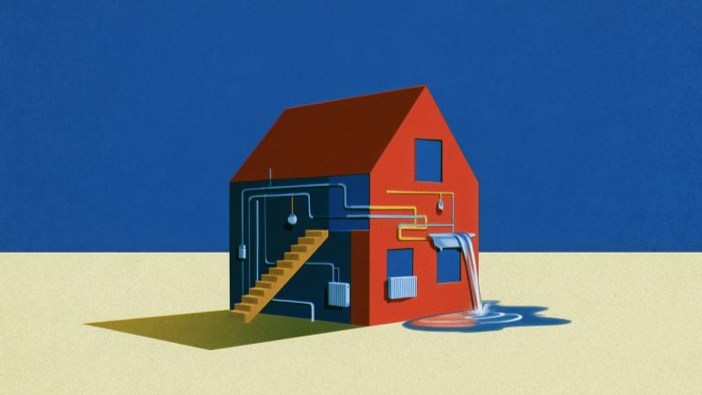 Illustration of a red house cut away on one side to show its insides: pipes, wiring, a staircase, a radiator and a hanging light. A yellow gas line and a meter run along the outside wall, and water pours from a spout on the side into a puddle on the ground. The house sits on a pale yellow plane against a deep blue sky.