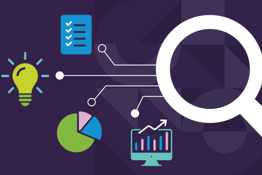 icon of a large white magnifying glass connected to icons representing analytics, statistics, a checklist and a lightbulb