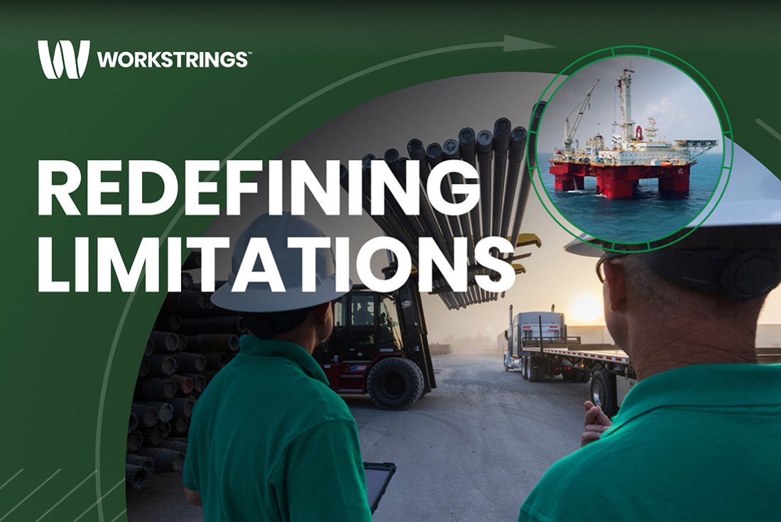 A phot collage of two workers in hard hats watching a fork lift move drill pipe with an inset of an offshore drilling platform