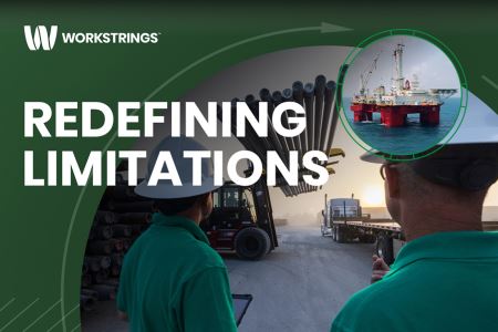 A phot collage of two workers in hard hats watching a fork lift move drill pipe with an inset of an offshore drilling platform