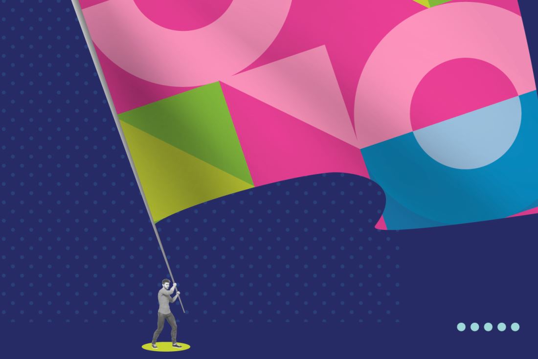 A small image of a person holding a giant flag with BE-branded geometric shapes