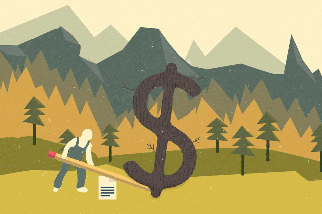 Graphic of a man using a giant pencil to leverage out a wooden tree that looks like a dollar sign