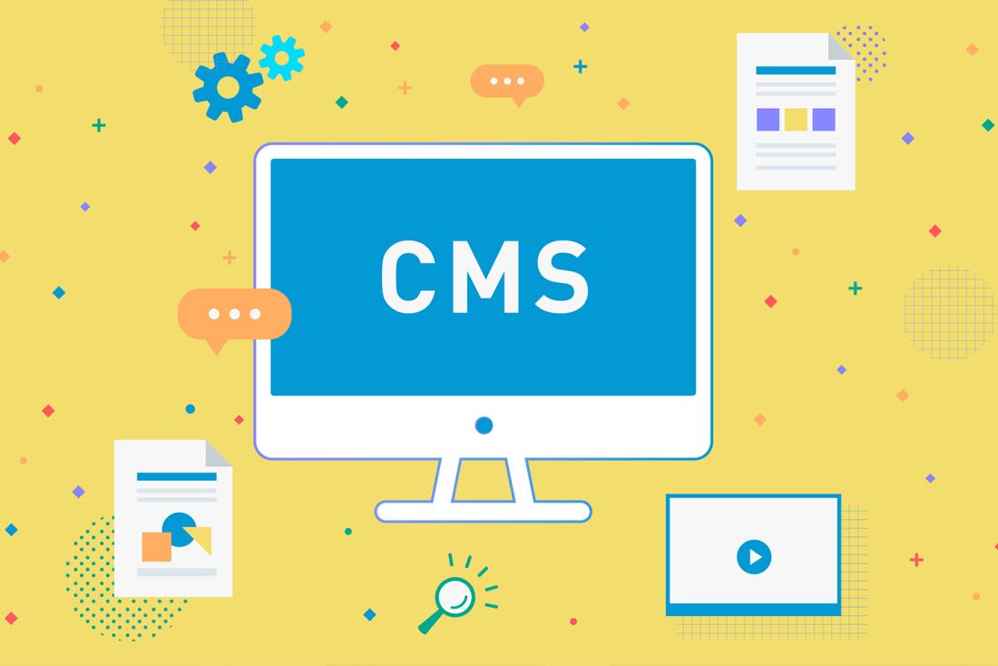CMS infographic with a computer monitor on a yellow background