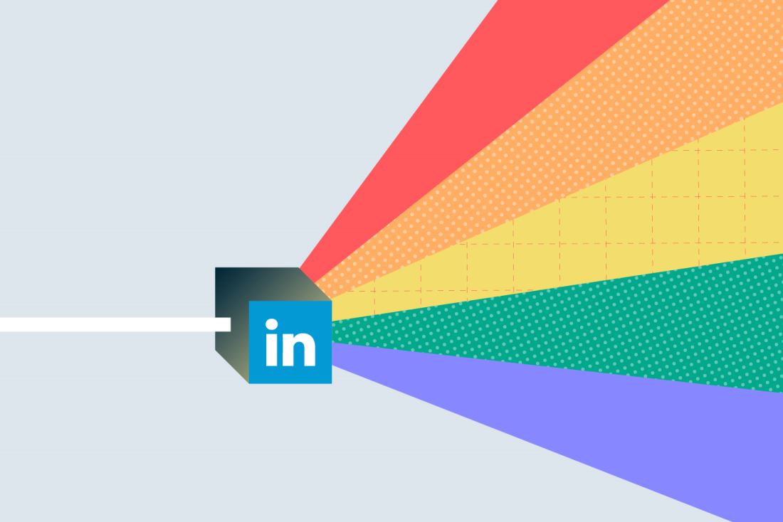 White light going into the LinkedIn logo which refracts colors of the rainbow on the opposite side