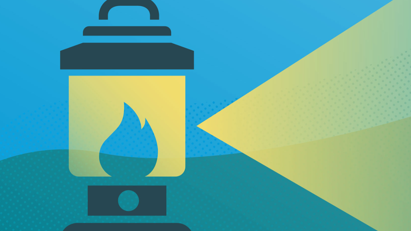 A graphic image of a Lantern shinning a light on a blue background.