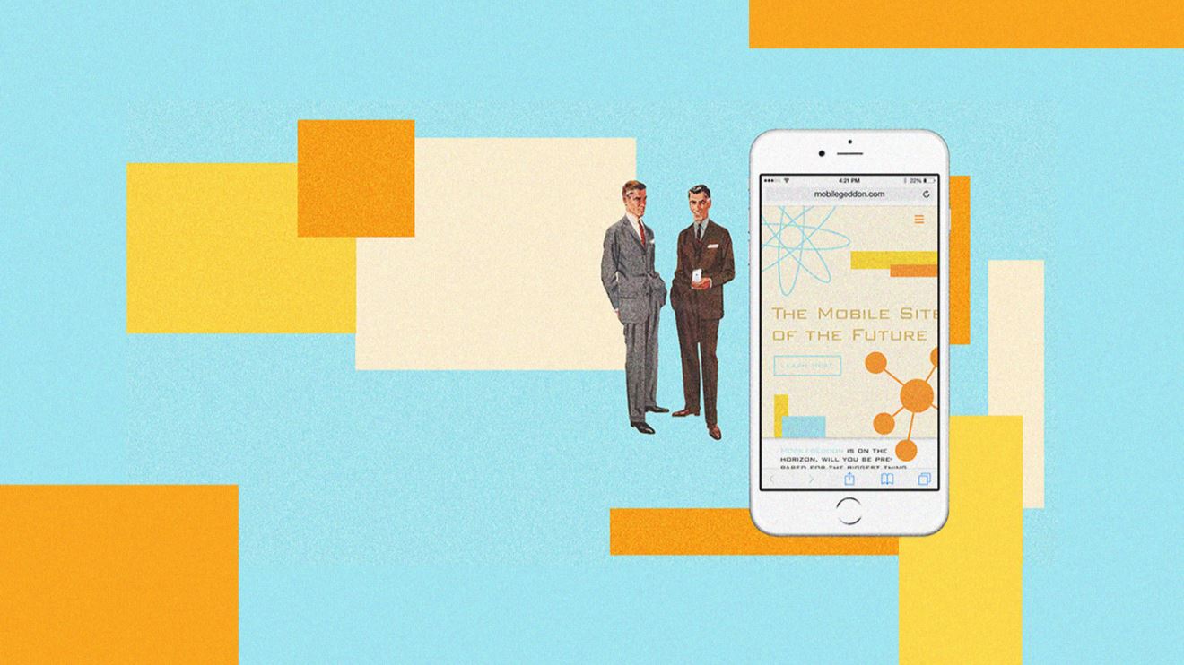 Graphic of two men standing next to an iPhone