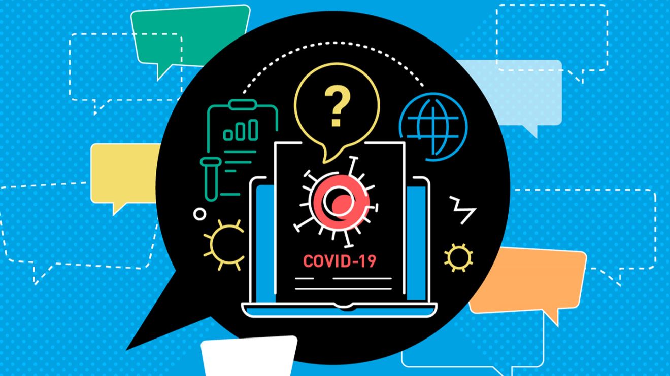 Speech bubble with a question mark over imagery of a Covid-19 virus