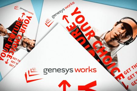 Genesys Works brand images overlaid on an other. 