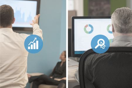 Two images side by side of people looking at graphs on monitors with icons of rising stock and the search icon.