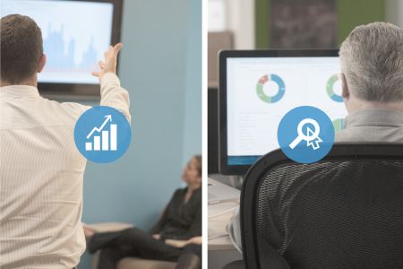 Two images side by side of people looking at graphs on monitors with icons of rising stock and the search icon. 