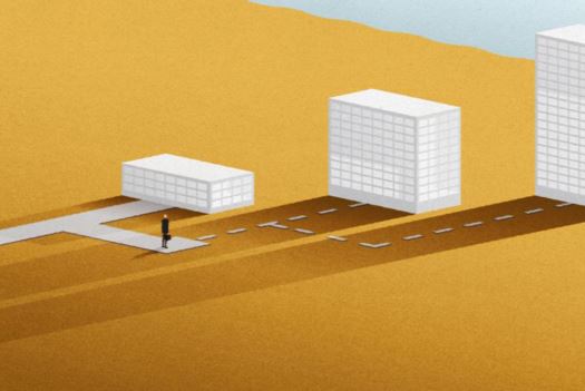 Cartoon of a man choosing a path to different sized building.