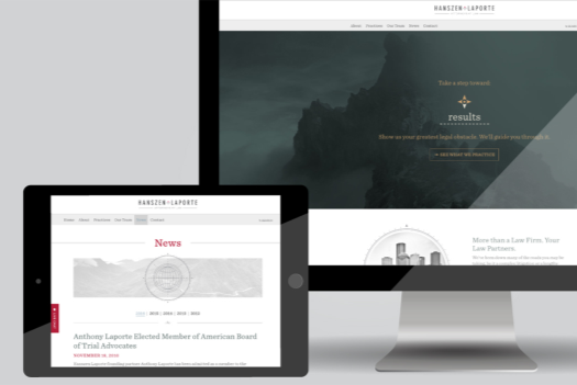 The new Hanszen Laporte website displayed on a desktop and tablet monitor.