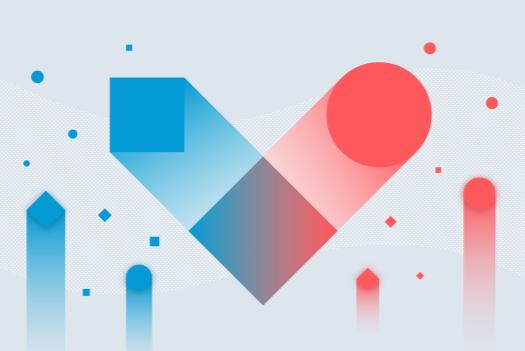 A blue square and a red circle cross paths to form a V shape