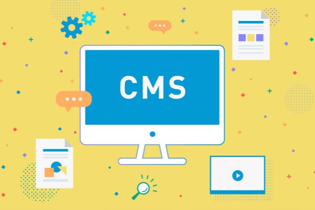 CMS infographic with a computer monitor on a yellow background