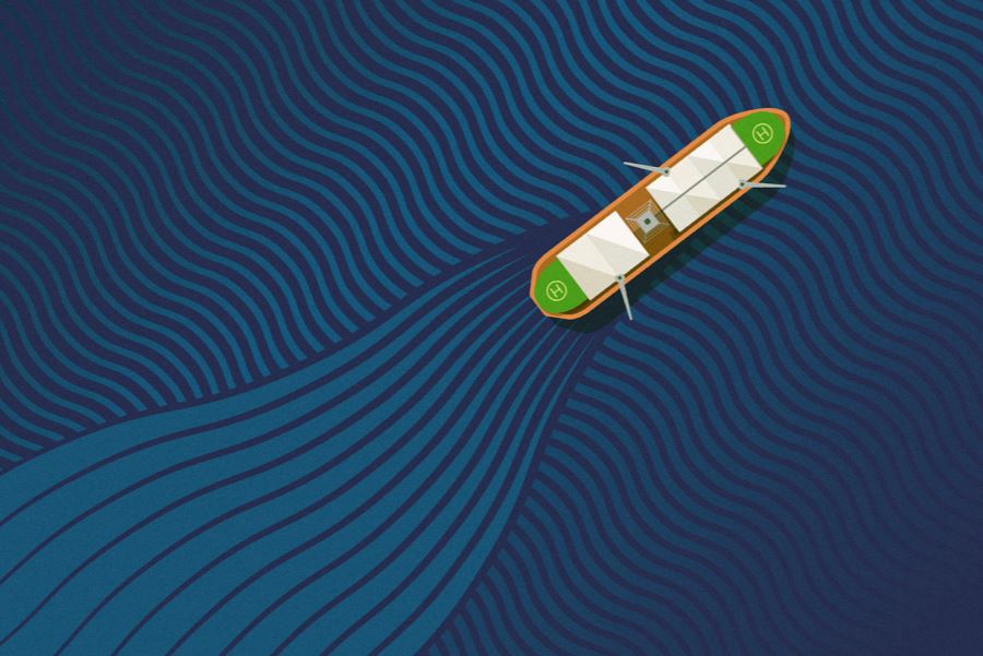 A graphic of a green boat sailing across the waves.