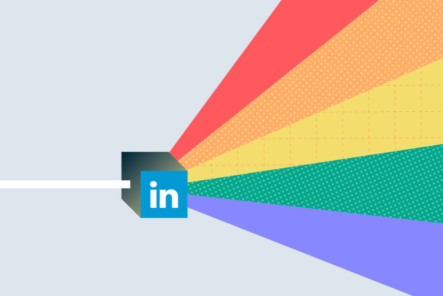 White light going into the LinkedIn logo which refracts colors of the rainbow on the opposite side