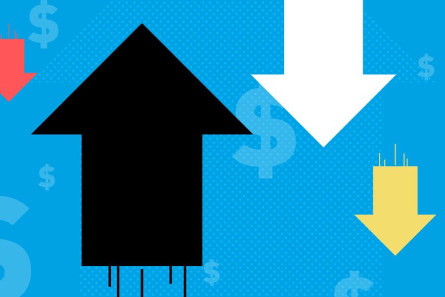 4 arrows in altering directions between up and down with dollar signs in the background