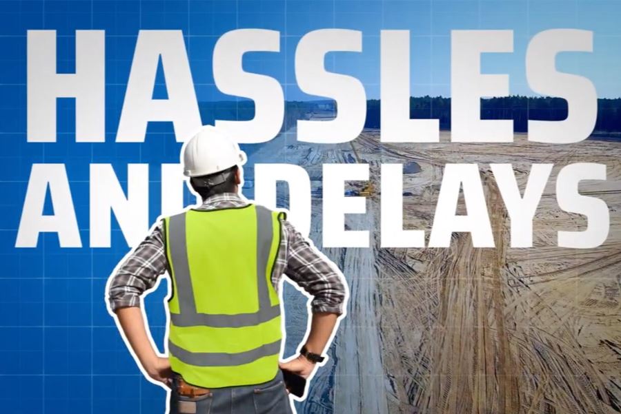 A screenshot from a WillScot video video with the super saying "Hassles and Delays".