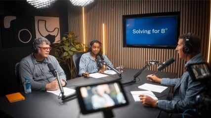 Bo Bothe, Charity Ndisengei, and Donovan Buck recording the latest Solving for B episode