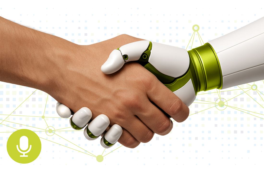 A human and robot shaking hands. There is a microphone in the bottom left corner, denoting this is a podcast