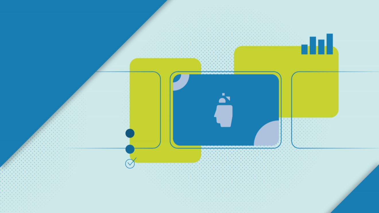 Blue rounded rectangles, one with a BE logo, on a green and blue background