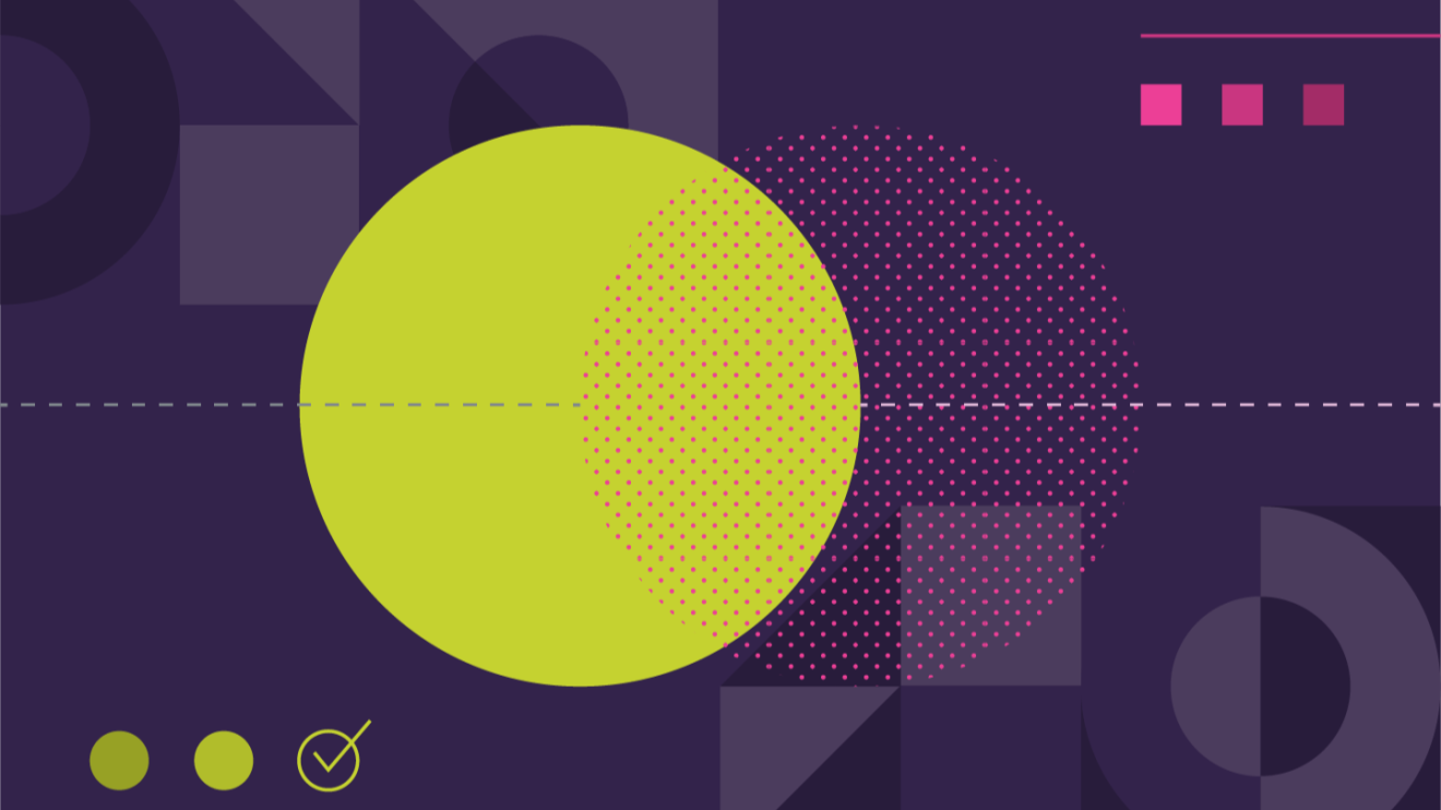 A green circle overlaps with a purple outline on a purple background, with various dark purple and light green patterns overlaying the entire image