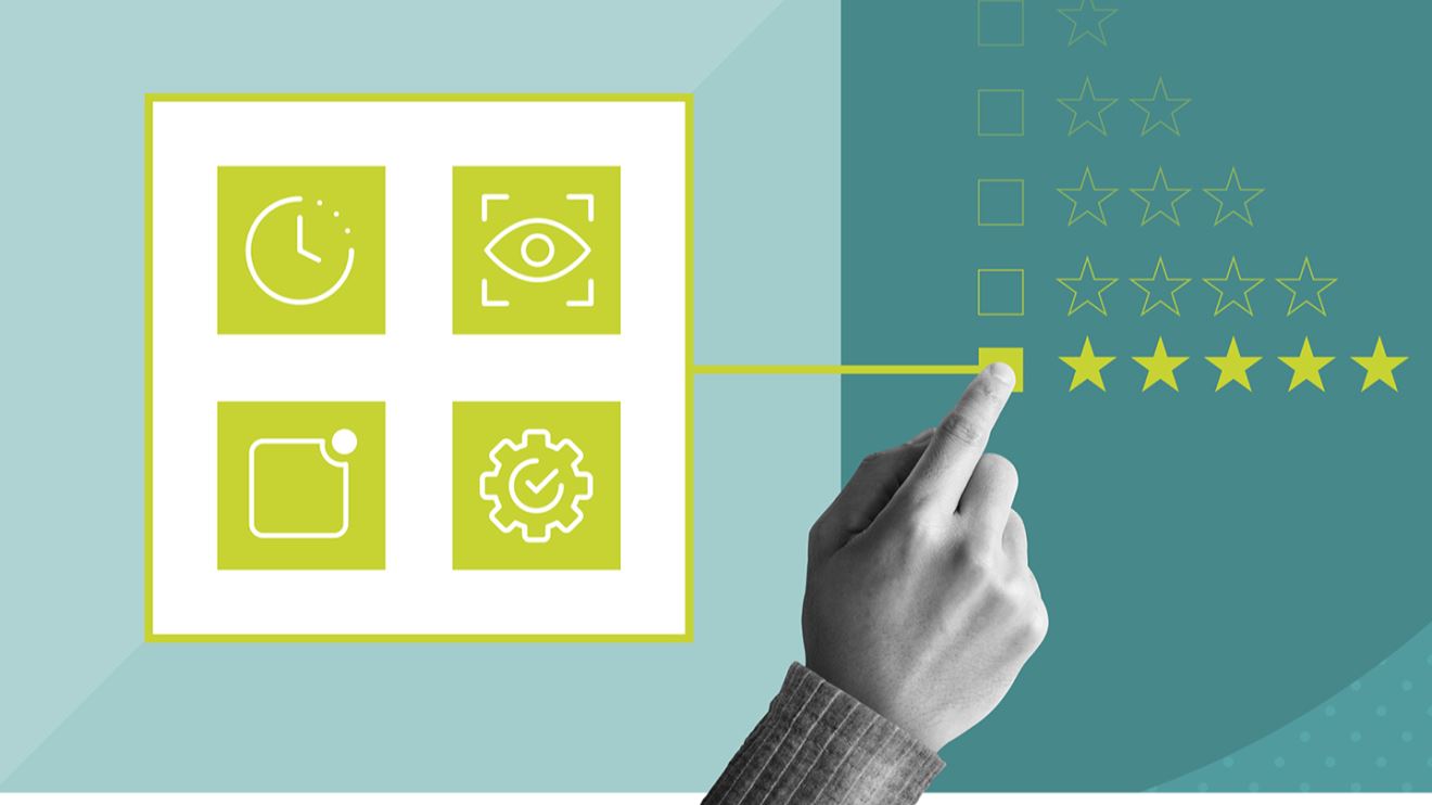 A group of icons representing factors of user experience on a green background, with a finger pointing to a five-star rating