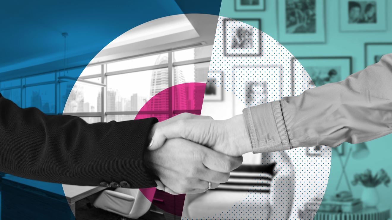 Photograph of two hands shaking over a pink, blue and teal background
