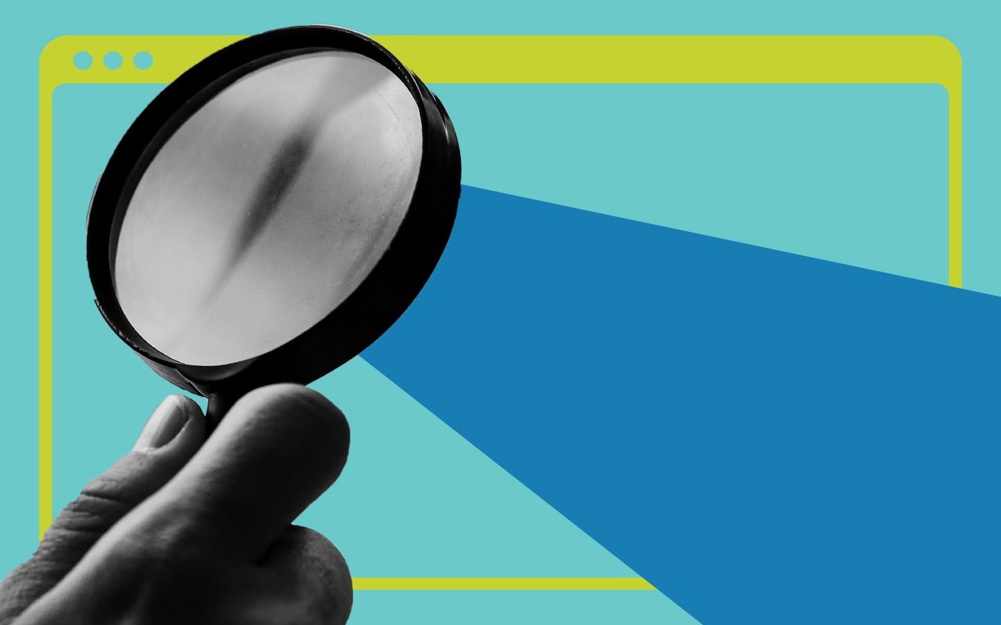 A hand holding magnifying glass over a browser window