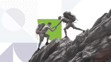 Photograph of a pair of hikers helping each other up a mountain with BrandExtract graphics in the background centering on the hikers.