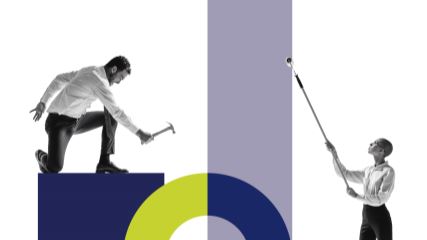 Photographs of a man with a hammer and a woman with a paint roller on BrandExtract purple and green graphics