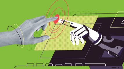 Graphic of a robotic hand reaching out of the screen of a laptop to touch its finger to a photo of a human hand , with red concentric circles at the point where they touch.