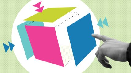 Black and white photograph of a hand pointing toward a cube made up of green, pink and blue BE-branded squares.