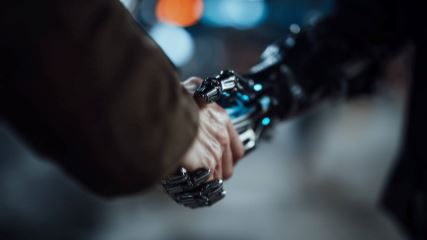A human and robot shaking hands. There is a microphone in the bottom left corner, denoting this is a podcast