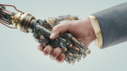 A human hand shaking a robot's