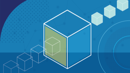 a line of cubes on a blue background, with one large cube in the center