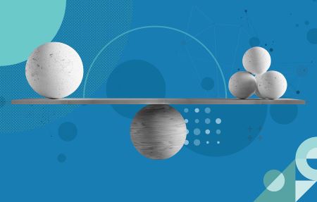 Black and white stock image of spheres on a balance beam, on a blue BE-branded background